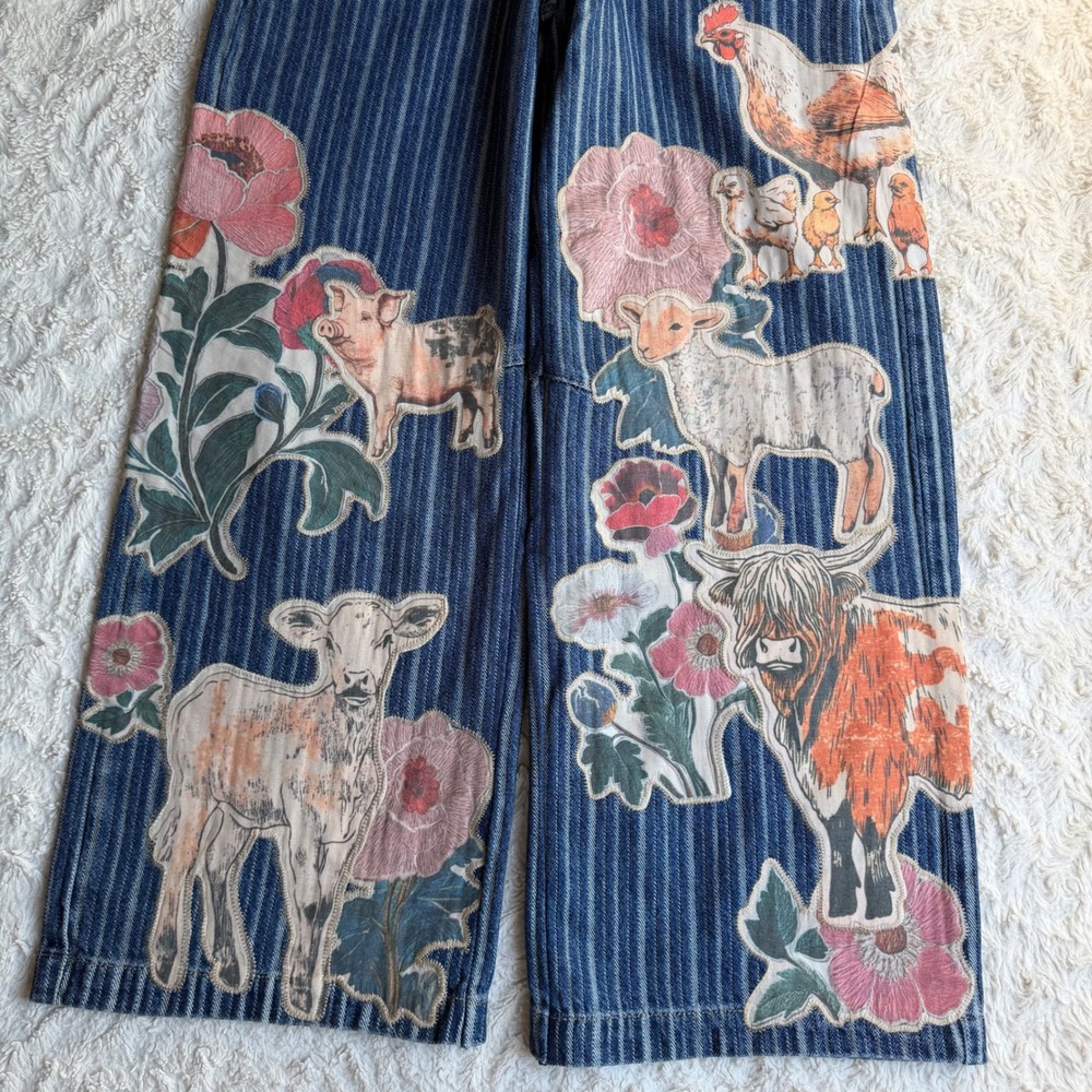 New Free People We The Free Farm To Peach Patched Jeans Barnyard Blue NWT‎ 26 - Picture 5 of 12